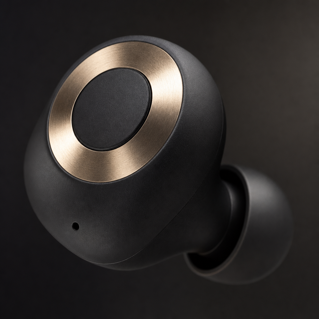 シャンパンゴールドの音響メッシュを捉えた Sona Pro イヤホン片側のマクロ撮影