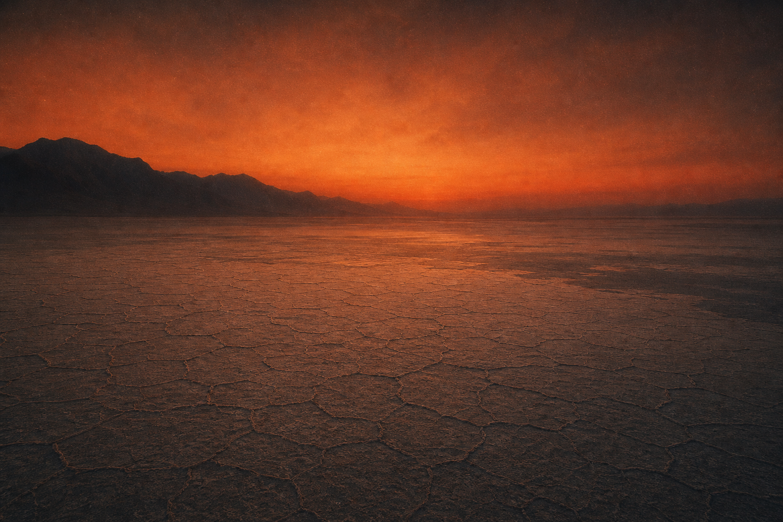 A vast salt flat stretching to the horizon under an ember-orange dusk sky.
